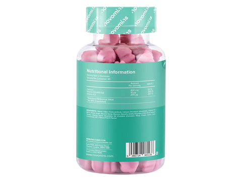 Novomins Nutrition Calcium and Vitamin D Gummies with Vitamin K2 60 Peach Flavoured Gummies back of bottle showing supplement facts ingredients and barcode