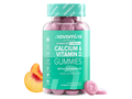 Novomins Nutrition Calcium and Vitamin D Gummies with Vitamin K2 60 Peach Flavoured Gummies bottle front view with peach slices