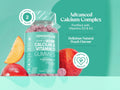 Novomins Nutrition Calcium and Vitamin D Gummies with Vitamin K2 60 Peach Flavoured Gummies lifestyle image with peaches and 2 gummies per day graphic