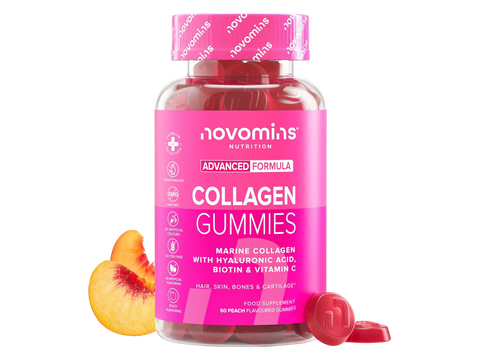 Novomins Nutrition Collagen Gummies 60 Peach Flavoured Gummies bottle with peaches Type 1 Hydrolyzed Marine Collagen