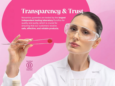 Novomins Nutrition Collagen Gummies 60 Peach Flavoured Gummies transparency and testing laboratory image
