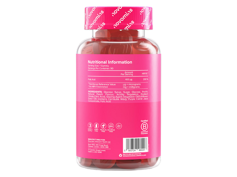 Novomins Nutrition Folic Acid Gummies 400mg 90 Peach Flavoured Gummies back of bottle showing supplement facts ingredients and barcode