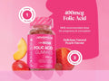 Novomins Nutrition Folic Acid Gummies 400mg 90 Peach Flavoured Gummies lifestyle image with peaches and daily gummy graphic