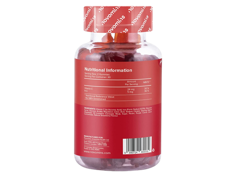 Novomins Nutrition Iron Gummies 60 Strawberry Flavoured Gummies back of bottle showing nutritional information ingredients and barcode
