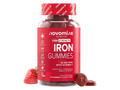 Novomins Nutrition Iron Gummies 60 Strawberry Flavoured Gummies bottle front pack shot with strawberry