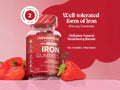 Novomins Nutrition Iron Gummies 60 Strawberry Flavoured Gummies bottle front view with strawberries 2 gummies per day
