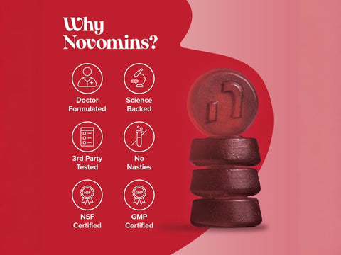 Novomins Nutrition Iron Gummies 60 Strawberry Flavoured Gummies gummy close up doctor formulated science backed GMP certified