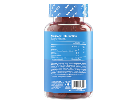 Novomins Nutrition Joint Gummies 60 Raspberry Flavoured Gummies back of bottle showing supplement facts ingredients and barcode