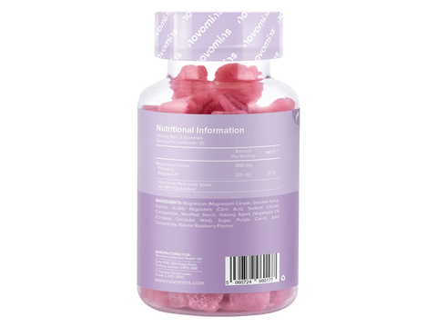 Novomins Nutrition Magnesium Gummies 60 Raspberry Flavoured Gummies back of bottle showing nutritional information ingredients and barcode