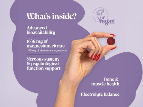 Novomins Nutrition Magnesium Gummies 60 Raspberry Flavoured Gummies ingredient infographic showing magnesium citrate 1636mg providing 180mg elemental magnesium