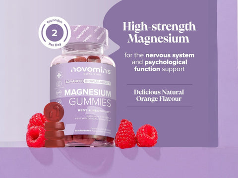 Novomins Nutrition Magnesium Gummies 60 Raspberry Flavoured Gummies bottle lifestyle image high strength magnesium 2 gummies per day