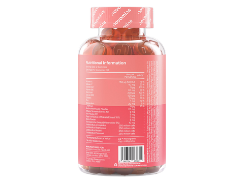 Novomins Nutrition Neuro Focus Gummies 60 Strawberry Flavoured Gummies back of bottle showing supplement facts ingredients and barcode