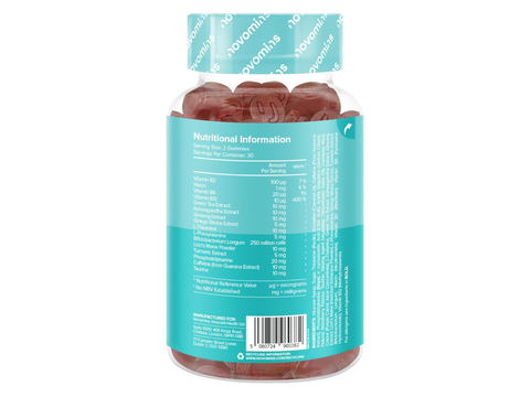 Novomins Nutrition Neuro Focus Gummies 60 Strawberry Flavoured Gummies back of bottle showing supplement facts ingredients and barcode