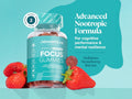 Novomins Nutrition Neuro Focus Gummies 60 Strawberry Flavoured Gummies lifestyle image with strawberries and 2 gummies per day graphic