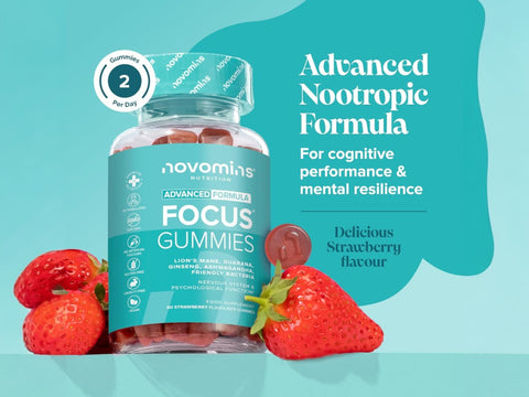 Novomins Nutrition Neuro Focus Gummies 60 Strawberry Flavoured Gummies lifestyle image with strawberries and 2 gummies per day graphic