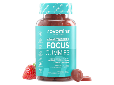 Novomins Nutrition Neuro Focus Gummies 60 Strawberry Flavoured Gummies bottle front view with strawberries