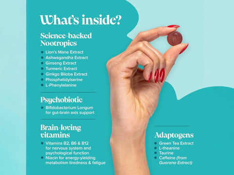 Novomins Nutrition Neuro Focus Gummies 60 Strawberry Flavoured Gummies ingredient infographic for cognitive and focus support