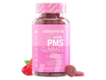 Novomins Nutrition PMS Gummies Hormonal Balance 60 Raspberry Flavoured Gummies bottle front view with raspberries