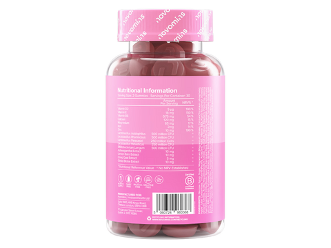 Novomins Nutrition PMS Gummies Hormonal Balance 60 Raspberry Flavoured Gummies back of bottle showing supplement facts ingredients and barcode