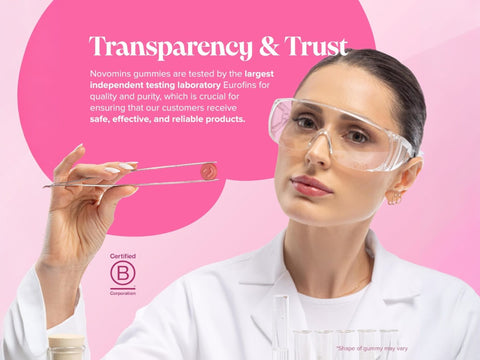 Novomins Nutrition PMS Gummies Hormonal Balance 60 Raspberry Flavoured Gummies transparency and third party testing image