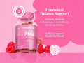 Novomins Nutrition PMS Gummies Hormonal Balance 60 Raspberry Flavoured Gummies lifestyle image with raspberries and 2 gummies per day graphic