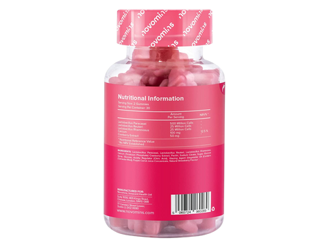 Novomins Nutrition Women’s Bio-Balance Gummies 60 Strawberry Flavoured Gummies back of bottle showing nutritional information ingredients and barcode