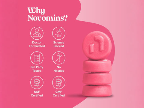 Novomins Nutrition Women’s Bio-Balance Gummies 60 Strawberry Flavoured Gummies gummy close up doctor formulated science backed GMP certified