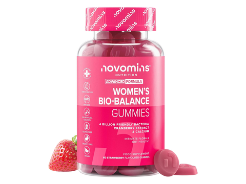 Novomins Nutrition Women’s Bio-Balance Gummies 60 Strawberry Flavoured Gummies bottle front view with strawberry