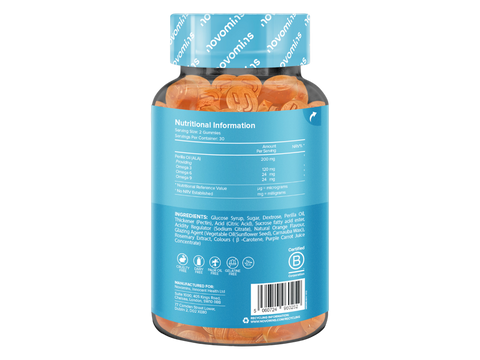 Novomins Nutrition Vegan Omega 3-6-9 Gummies 60 Orange Flavoured Gummies back of bottle showing supplement facts ingredients and barcode