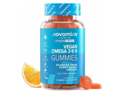 Novomins Nutrition Vegan Omega 3-6-9 Gummies 60 Orange Flavoured Gummies bottle front view with orange slices