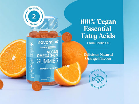 Novomins Nutrition Vegan Omega 3-6-9 Gummies 60 Orange Flavoured Gummies lifestyle image with oranges and 2 gummies per day graphic
