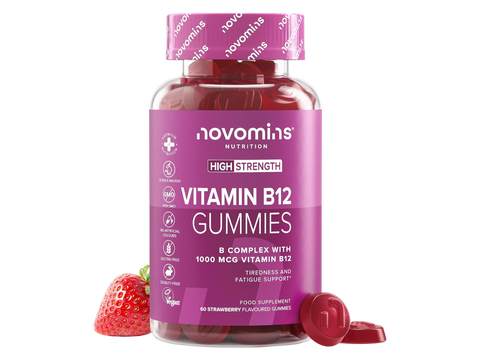 Novomins Nutrition Vitamin B12 Gummies 60 Strawberry Flavoured Gummies bottle front view with strawberries