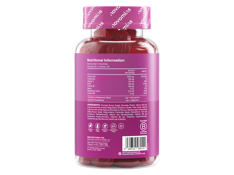 Novomins Nutrition Vitamin B12 Gummies 60 Strawberry Flavoured Gummies back of bottle showing supplement facts ingredients and barcode