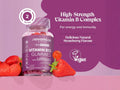 Novomins Nutrition Vitamin B12 Gummies 60 Strawberry Flavoured Gummies lifestyle image with strawberries and daily gummy graphic