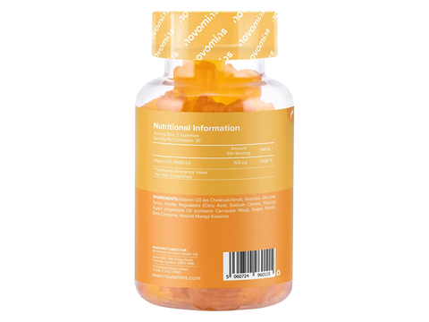 Novomins Vitamin D3 Gummies 4000 IU 60 Mango Flavoured Gummies back of bottle showing supplement facts ingredients and barcode