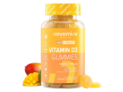 Novomins Vitamin D3 Gummies 4000 IU 60 Mango Flavoured Gummies bottle front view with mango pieces