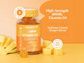 Novomins Vitamin D3 Gummies 4000 IU 60 Mango Flavoured Gummies lifestyle image with mango cubes and 2 gummies per day graphic