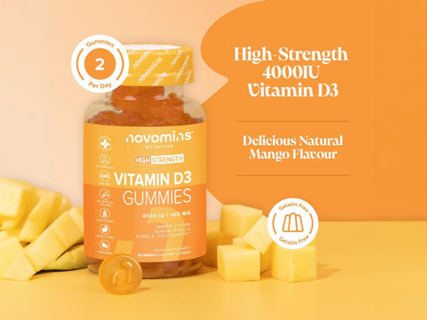 Novomins Vitamin D3 Gummies 4000 IU 60 Mango Flavoured Gummies lifestyle image with mango cubes and 2 gummies per day graphic