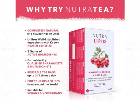 Nutra Lipid Hawthorn Berry & Holy Basil Herbal Tea 20 Biodegradable Bags 40g side packaging detail