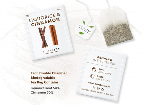 Nutra Tea Liquorice & Cinnamon Herbal Tea 20 Biodegradable Bags 40g close up of tea bags and how to use instructions