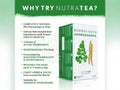 NutraTea Moringa Leaf & Ashwagandha tea box with promotional text on a green background