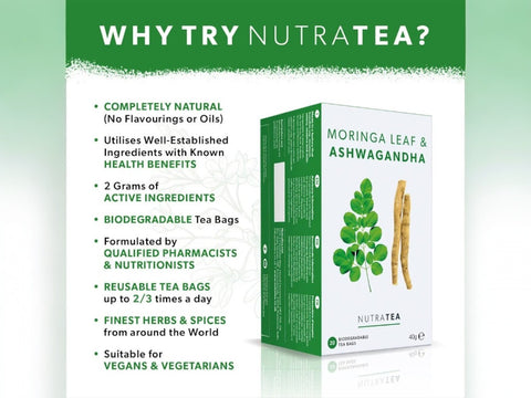 NutraTea Moringa Leaf & Ashwagandha tea box with promotional text on a green background