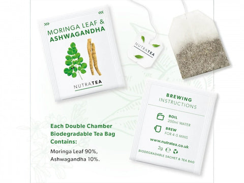 NutraTea Moringa Leaf & Ashwagandha tea bags with brewing instructions on a white background