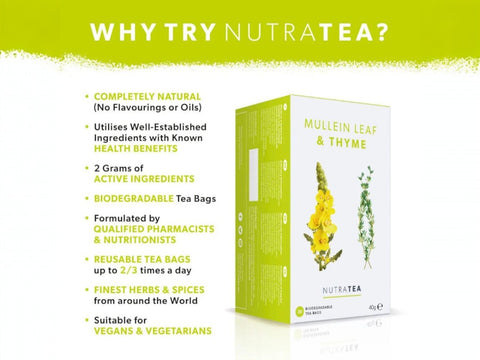 Nutra Tea Mullein Leaf & Thyme Herbal Tea 20 Biodegradable Bags 40g side packaging detail
