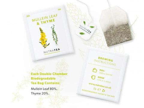 Nutra Tea Mullein Leaf & Thyme Herbal Tea 20 Biodegradable Bags 40g close up of tea bags and how to use instructions
