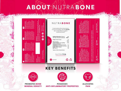 Nutra Tea Nutra Bone Rose Hip & Nettle Herbal Tea 20 Biodegradable Bags 40g side packaging with key benefits detail