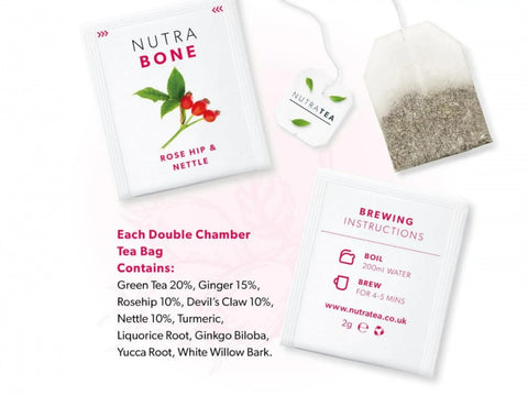 Nutra Tea Nutra Bone Rose Hip & Nettle Herbal Tea 20 Biodegradable Bags 40g close up of tea bags and how to use instruction