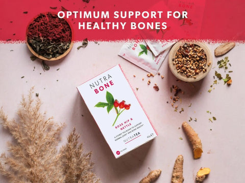 Nutra Tea Nutra Bone Rose Hip & Nettle Herbal Tea 20 Biodegradable Bags 40g front box packaging laying down