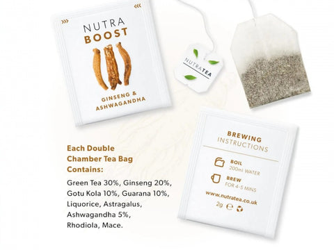 Nutra Tea Nutra Boost Ginseng & Ashwagandha Herbal Tea 20 Biodegradable Bags 40g close up of tea bags and how to use instructions