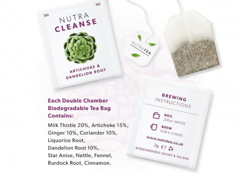 utra Tea Nutra Cleanse Artichoke & Dandelion Root Herbal Tea 20 Biodegradable Bags 40g close up of tea bags and how to use instructions